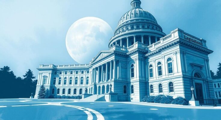 Représentation d'une scène politique avec un grand bâtiment, symbolisant la législation en progression, en nuances de bleu et blanc.
