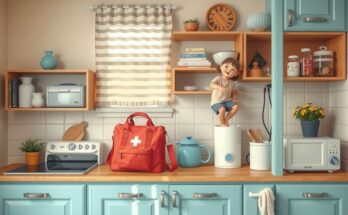 Cuisine familiale avec des objets quotidiens symbolisant le soutien familial et l'accessibilité des soins de santé.