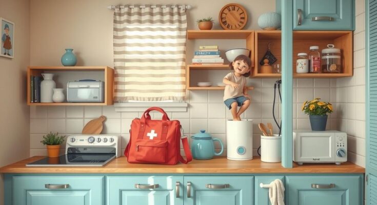 Cuisine familiale avec des objets quotidiens symbolisant le soutien familial et l'accessibilité des soins de santé.