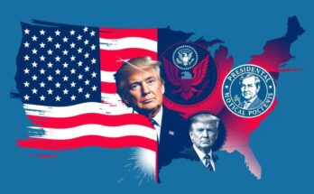 Gambaran grafis dengan bendera Amerika dan simbol presiden, menciptakan suasana politik yang rumit dan dinamis.