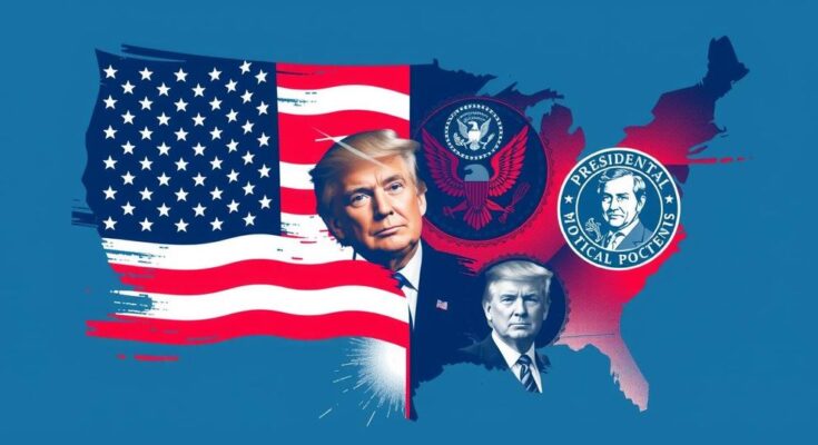 Gambaran grafis dengan bendera Amerika dan simbol presiden, menciptakan suasana politik yang rumit dan dinamis.