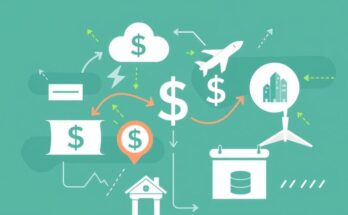 Tariffs impact on family budgets and trade relationships with dollar signs and arrows representing economy changes.