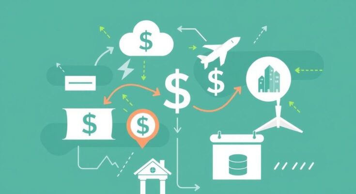 Tariffs impact on family budgets and trade relationships with dollar signs and arrows representing economy changes.