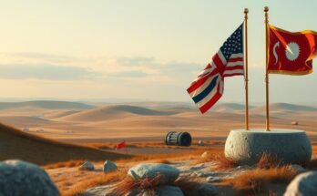A solemn and thought-provoking scene of military symbolism with muted colours and a focus on flags and emblems.