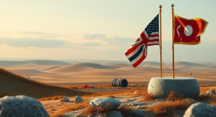 A solemn and thought-provoking scene of military symbolism with muted colours and a focus on flags and emblems.