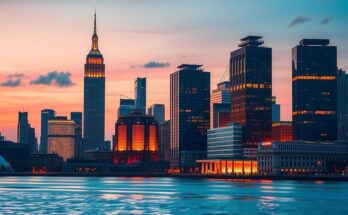 Dynamic city skyline with tall buildings, reflecting an evening glow in warm tones, embodying urban life and political energy.