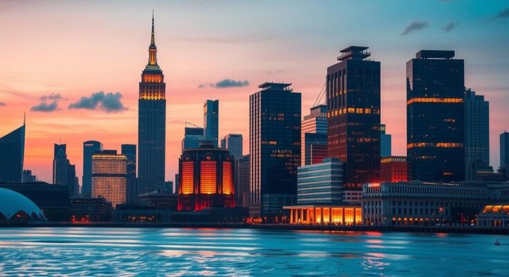 Dynamic city skyline with tall buildings, reflecting an evening glow in warm tones, embodying urban life and political energy.