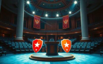 Динамичная сцена с трибуной Конгресса, колоннами и яркими тактическими щитами, отражающими напряжение политического момента.
