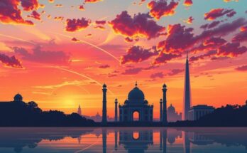 Monumenti e bandiere al tramonto, simboleggiando la diplomazia tra i paesi.
