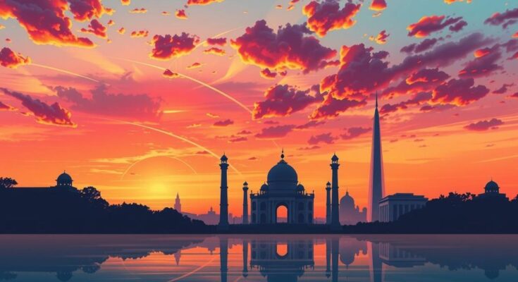 Monumenti e bandiere al tramonto, simboleggiando la diplomazia tra i paesi.