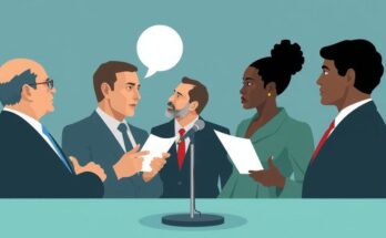 Illustration of a political debate focusing on social welfare topics with abstract shapes and muted tones.