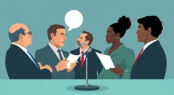 Illustration of a political debate focusing on social welfare topics with abstract shapes and muted tones.