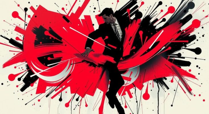Abstract representation of political tensions in the US with dark colours and chaotic brush strokes.
