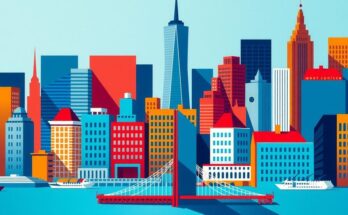 An abstract representation of New York City politics with vibrant colours and dynamic forms reflecting diverse ideas.
