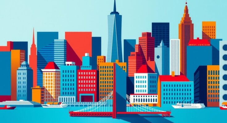 An abstract representation of New York City politics with vibrant colours and dynamic forms reflecting diverse ideas.