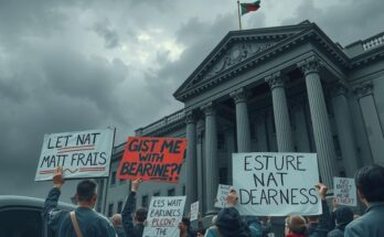 Протесты у здания правительства с плакатами на фоне мрачного неба, демонстрирующие общественное недовольство.