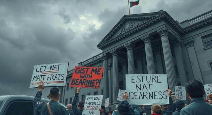 Протесты у здания правительства с плакатами на фоне мрачного неба, демонстрирующие общественное недовольство.