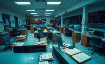 Bureaucratic chaos with empty desks and scattered papers symbolizing federal workforce instabilities in colorful hues.