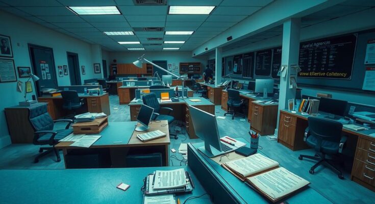 Bureaucratic chaos with empty desks and scattered papers symbolizing federal workforce instabilities in colorful hues.