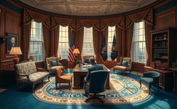 Loomer meeting in Oval Office, U.S. flags, luxurious decor, reflecting unity and discussion.