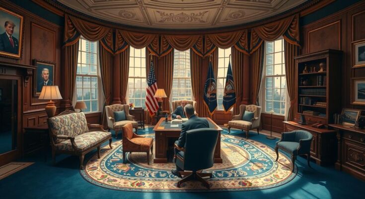 Loomer meeting in Oval Office, U.S. flags, luxurious decor, reflecting unity and discussion.