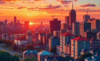 A vibrant cityscape at sunset showcasing diverse neighbourhoods with progressive symbols and striking colors.