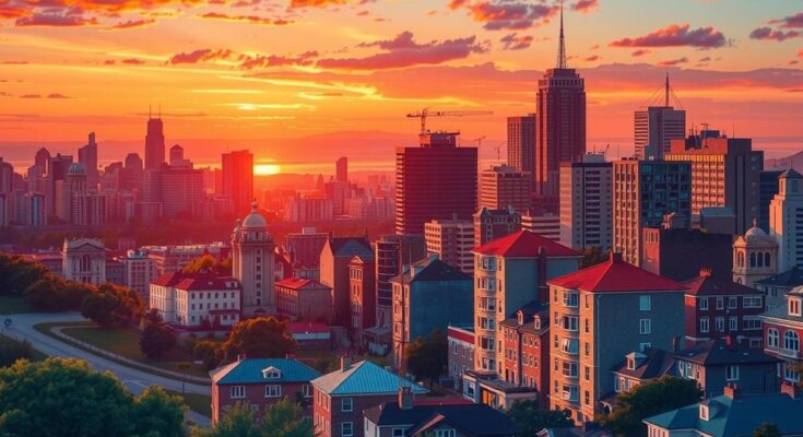 A vibrant cityscape at sunset showcasing diverse neighbourhoods with progressive symbols and striking colors.