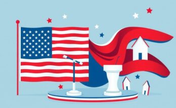 Simbolo della politica americana, con bandiera e oggetti che rappresentano i partiti, colori blu e rosso.