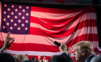Партийная речь Трампа перед Конгрессом с фоном американского флага и красно-белым цветами.