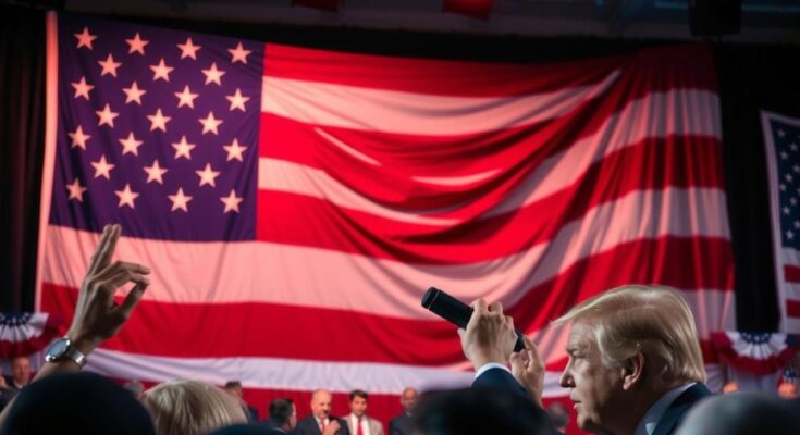 Партийная речь Трампа перед Конгрессом с фоном американского флага и красно-белым цветами.