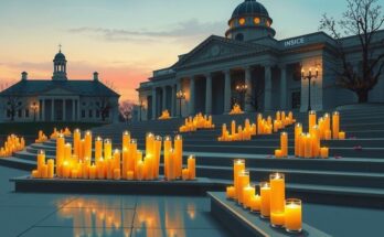 Un grup de lumânări aprinse pe treptele unei clădiri emblematice, simbolizând unitatea și determinarea comunității din Minnesota.