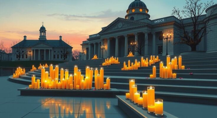Un grup de lumânări aprinse pe treptele unei clădiri emblematice, simbolizând unitatea și determinarea comunității din Minnesota.