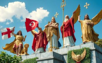 Une scène politique dynamique avec des symboles d'ascendance et de victoire sous un ciel bleu vif.