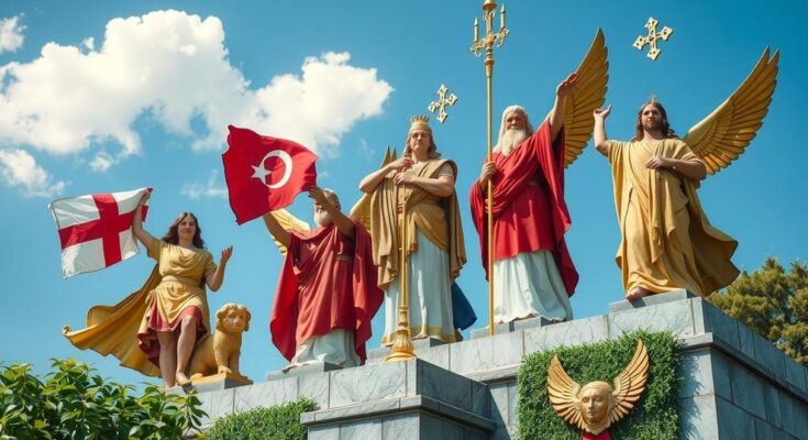 Une scène politique dynamique avec des symboles d'ascendance et de victoire sous un ciel bleu vif.
