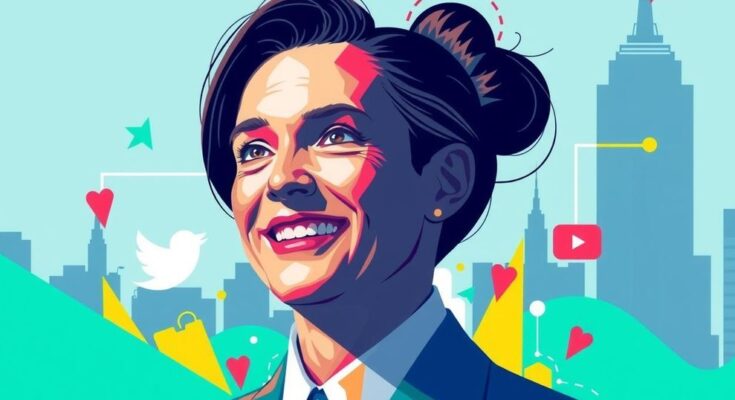 Gambaran kandidat walikota New York Zohran Mamdani dengan nuansa politik progresif yang dinamis.