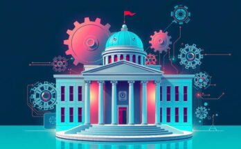 Ilustrasi perubahan besar dalam pemerintah, dengan simbol teknologi dan efisiensi entitas konstruktif.