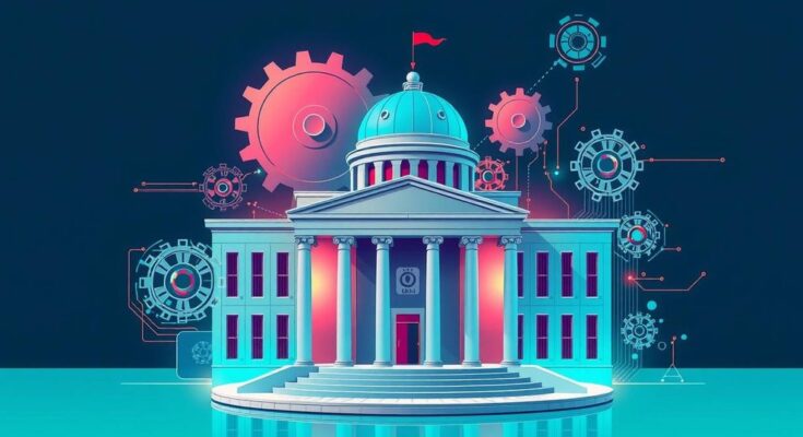 Ilustrasi perubahan besar dalam pemerintah, dengan simbol teknologi dan efisiensi entitas konstruktif.
