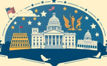 Rappresentazione dell'élite anti-elite in politica, simboli di potere e una mappa del governo americano.