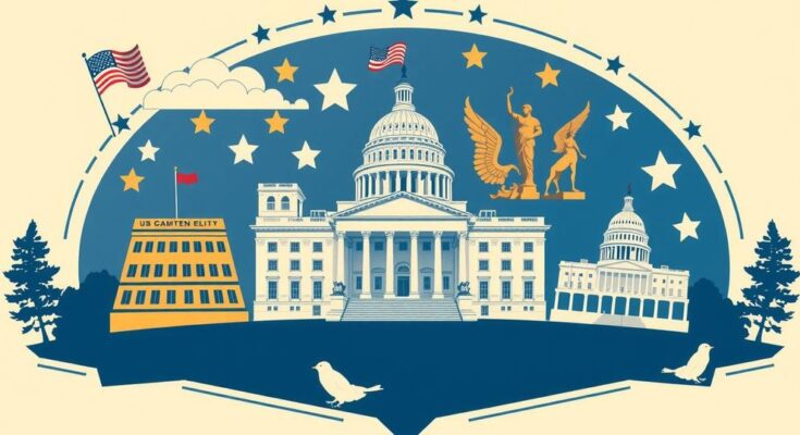 Rappresentazione dell'élite anti-elite in politica, simboli di potere e una mappa del governo americano.