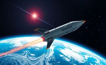 Astronauti nello spazio con la navetta spaziale, vista della Terra e stelle, in uno stile futuristico e colori blu e nero.