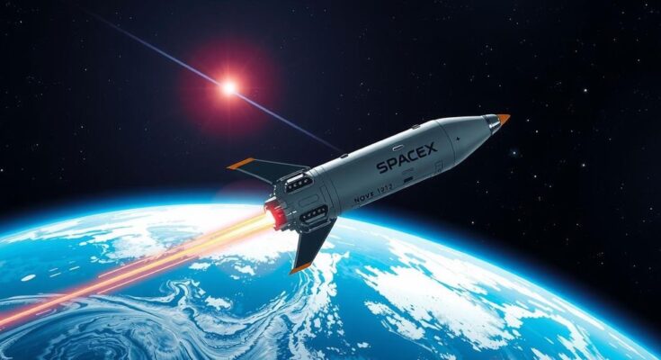Astronauti nello spazio con la navetta spaziale, vista della Terra e stelle, in uno stile futuristico e colori blu e nero.