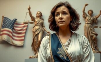 Женщина на фоне символов свободы и справедливости, выражает свои мысли об ответственности и честности.