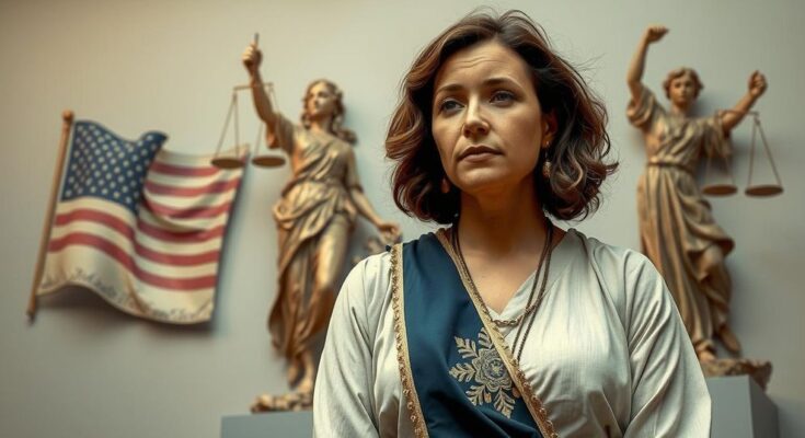 Женщина на фоне символов свободы и справедливости, выражает свои мысли об ответственности и честности.