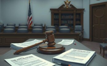 Abstract courtroom with a gavel, table, and documents, in muted grey and soft blues, depicting legal tension.
