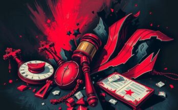 Illustration of American political violence symbolized by fragmented symbols of power and chaos, in stark red and black hues.