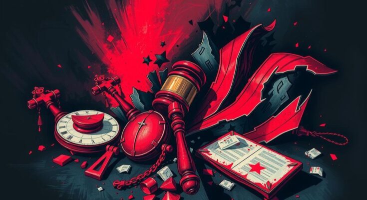 Illustration of American political violence symbolized by fragmented symbols of power and chaos, in stark red and black hues.