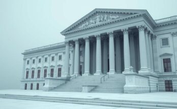 A symbolic representation of political uncertainty in Washington D.C. featuring a building with columns, muted colours.