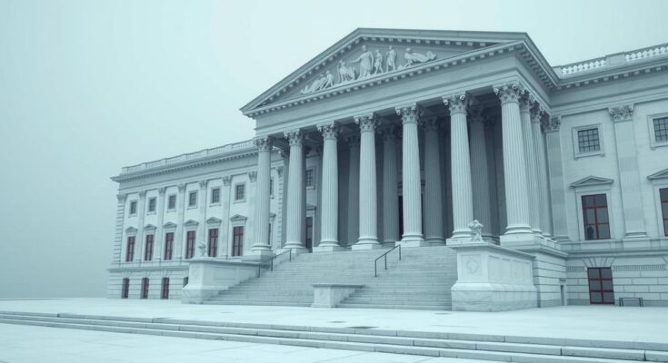 A symbolic representation of political uncertainty in Washington D.C. featuring a building with columns, muted colours.
