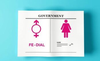 Ufficiale documento del governo con simboli maschili e femminili, sfondo blu, minimalismo e realismo.