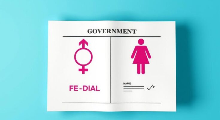 Ufficiale documento del governo con simboli maschili e femminili, sfondo blu, minimalismo e realismo.